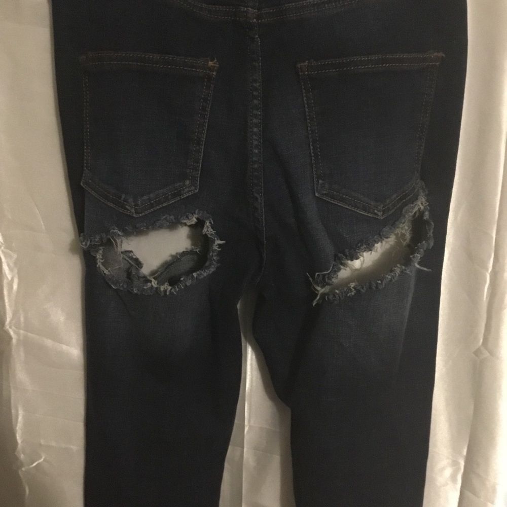 Machine Front Back Destroyed  Dark Wash High Waist Skinny Jeans 5 - Picture 3 of 4